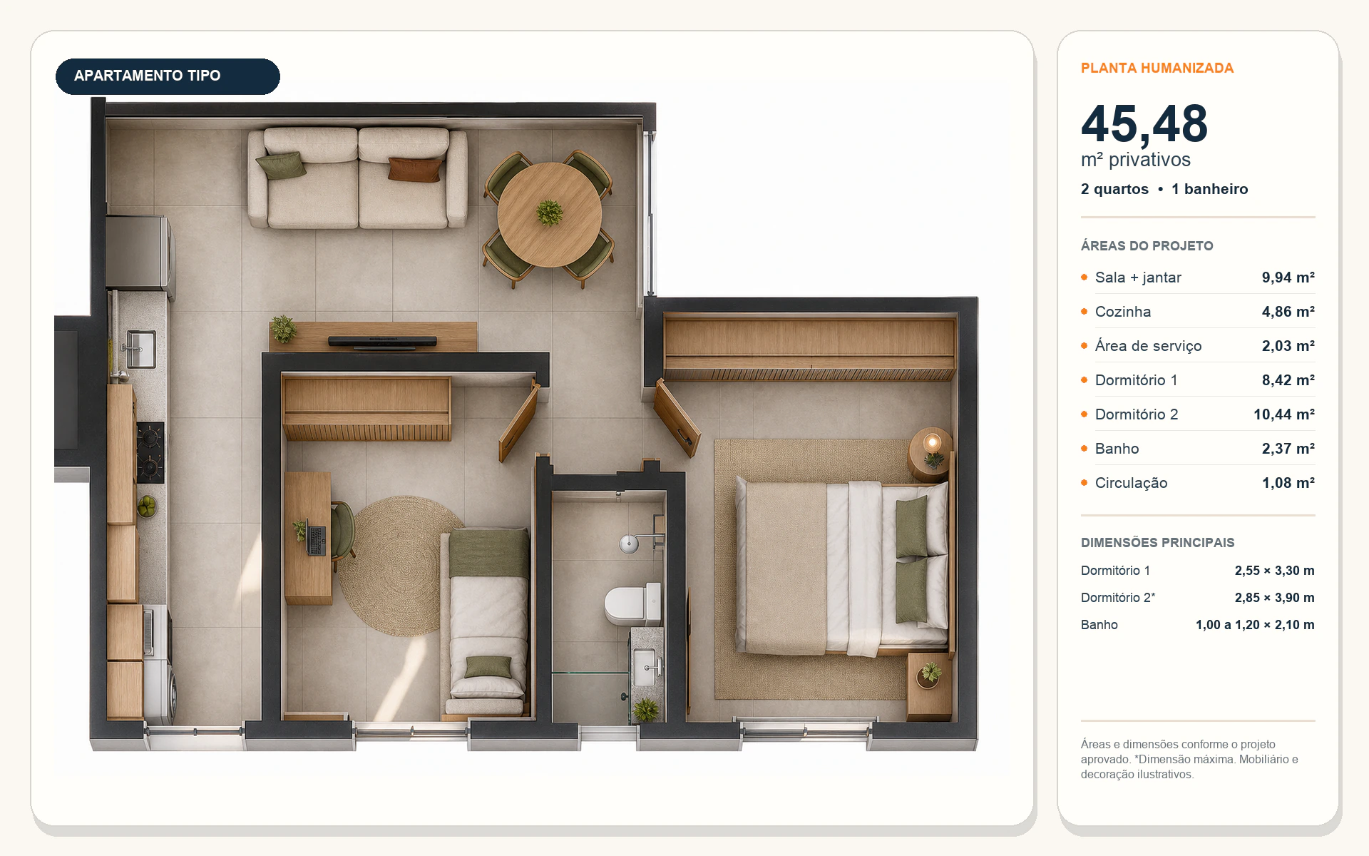 Planta humanizada do apartamento de 45,48 metros quadrados com áreas e dimensões principais
