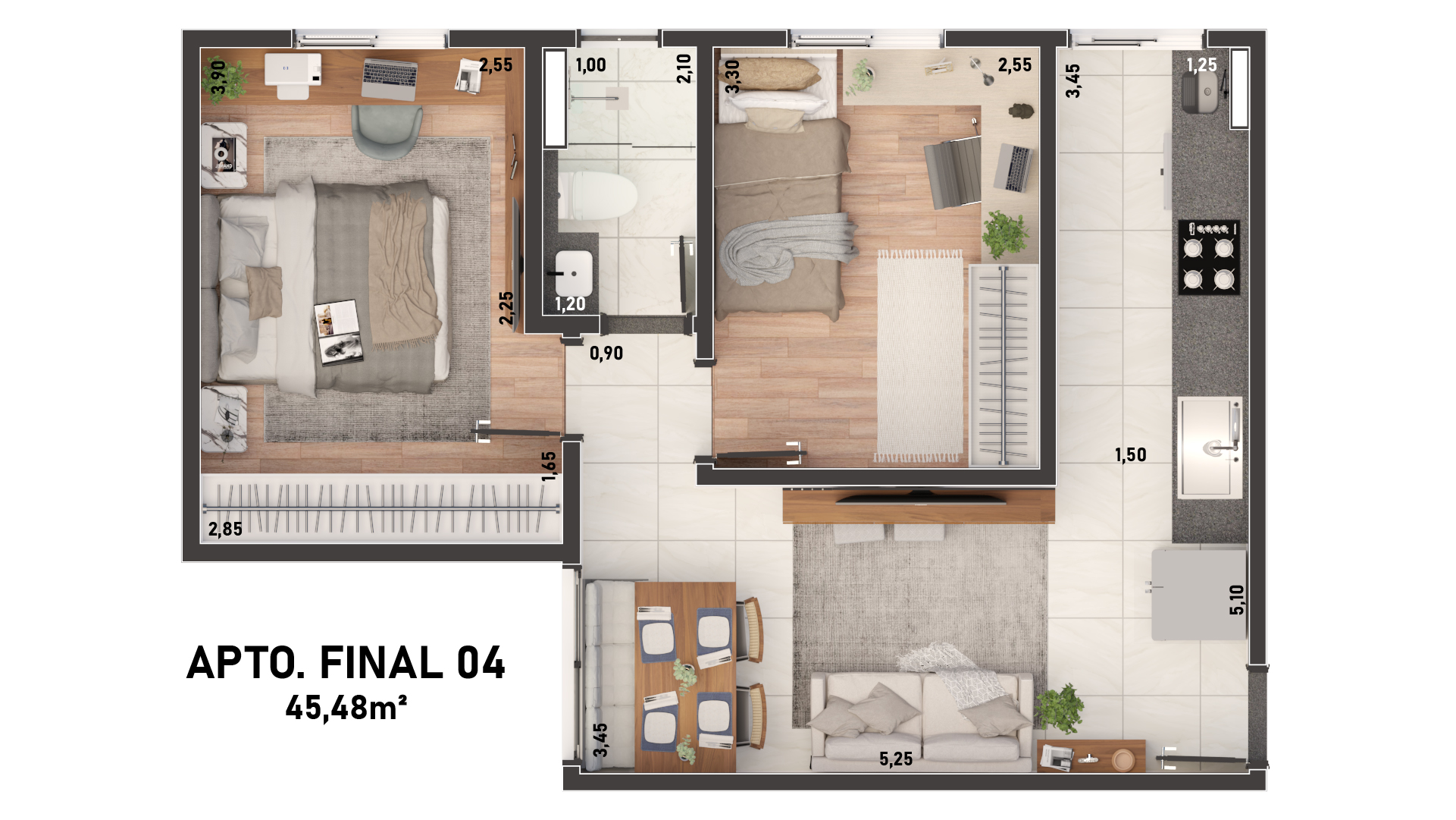 Planta humanizada do apartamento final 04, com 45,48 metros quadrados, dois quartos e medidas dos ambientes
